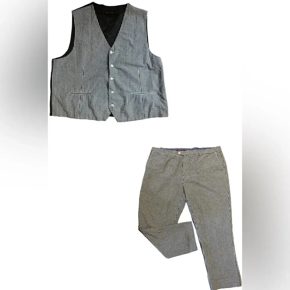 Linea Uomo Gingham Navy White Vest And Dress Pant Coord Set 3X/46X30